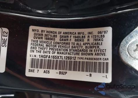 2007 Honda Civic Lx z USA, uszkodzony, nr VIN 1HGFA165X7L126912